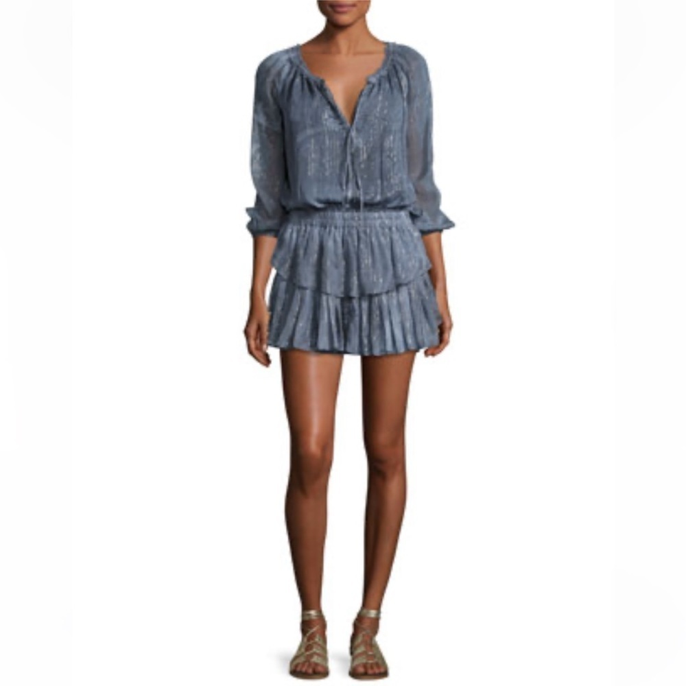 Loveshack 3/4-Sleeve Popover Silk-Blend Mini Dress Blue Metallic Detail Size XS
